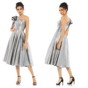 MAC DUGGAL ONE SHOULDER BOW MIDI DRESS SILVER SIZE 6 NWT